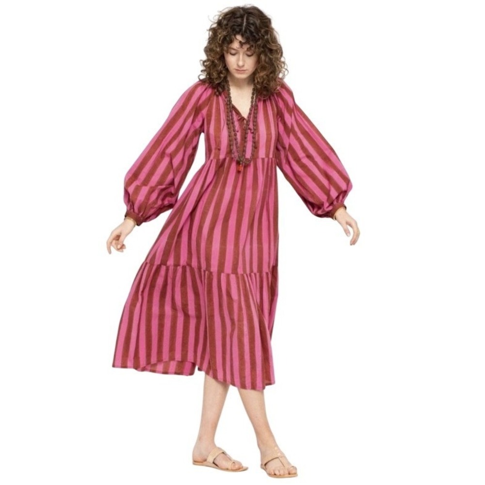 Matta Midi Dress Tiered Pink Red Stripe Long Sleeve Boho Vacation Resort Large - Picture 3 of 8